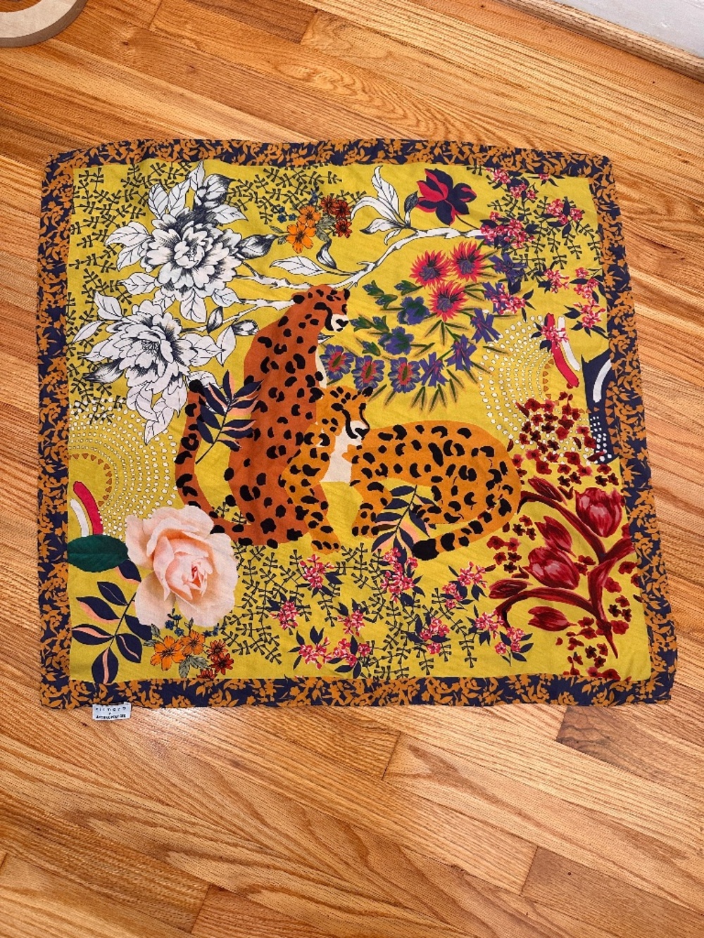 silk floral scarf with lounging cheetahs